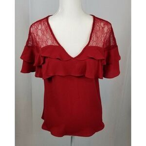 Candie's Women's Lace Yoke Ruffled Flutter Red Top Size X-Small Blouse, NWT